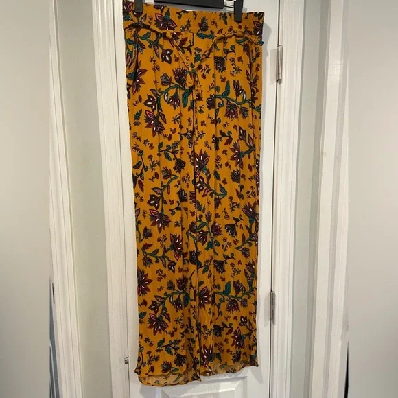 BBJ Los Angeles Mustard Fleur De Lis Flowy Wide Leg Boho Belted Pants Size L - Picture 1 of 13